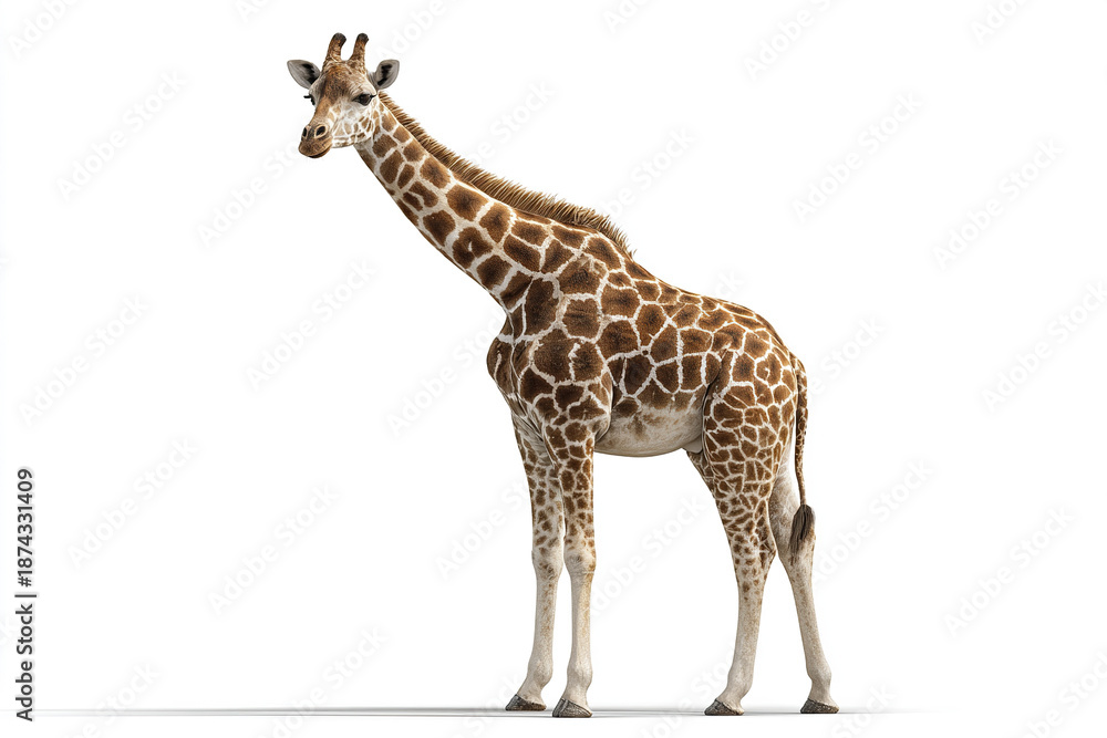 Fototapeta premium Giraffe animal standing isolated on white background with natural brown and white patterned fur and long neck in calm pose