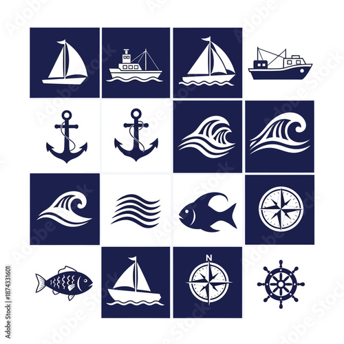 Nautical Icons Set Marine Elements Sailing Ships Anchors Waves Fish Compass Wheel.png