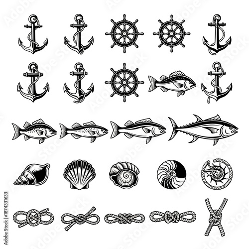 Nautical Line Art Anchor Fish Steering Wheel Seashell Knots Collection.png