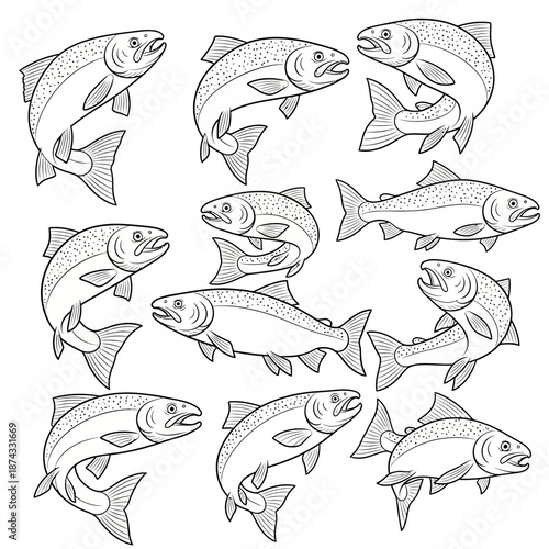 Pattern of Rainbow Trout Fish Line Art Black and White Seamless Repeat Design.png