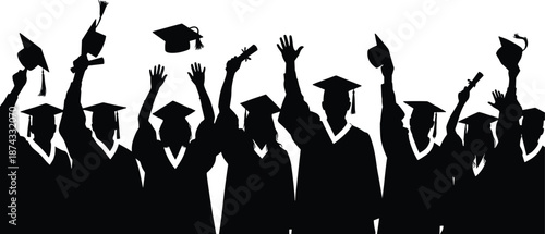Silhouette of graduates celebrating together by throwing caps and holding diplomas, graduation ceremony success, education achievement, student unity, future hope illustration