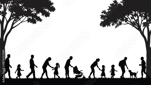 Silhouette of family walking in park together, parents and children enjoying nature, generational lifestyle, outdoor harmony, daily life vector illustration