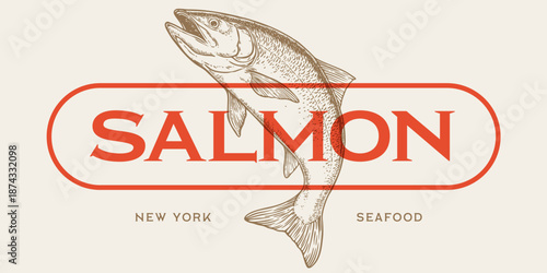 Salmon fish seafood, label. Vintage retro print, seafood salmon fish sketch, logo sign tag label template, pencil style drawing, engrave old school. Hand drawn sketch salmon fish. Vector Illustration