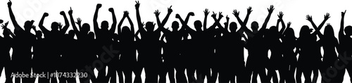 Silhouette of large cheering crowd with raised hands together, people celebration, unity, freedom, success, festival energy, motivation, community vector illustration