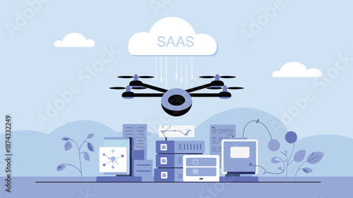 A drone flying over a cloud labeled Saa S with servers and computers below SaaS