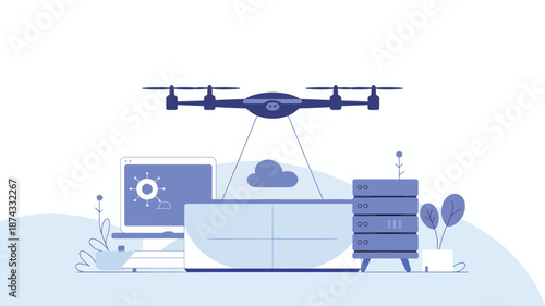 Blue drone flying above a computer and server with a cloud
