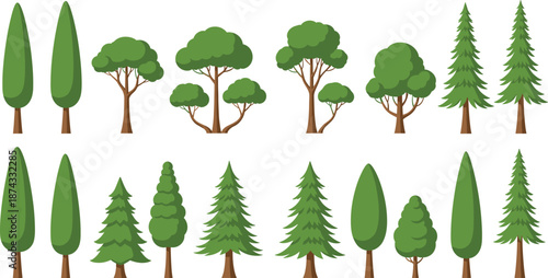 Various Green Tree Types Set Forest Park Nature Elements Flat Vector Illustration Collection