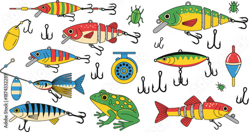Colorful Fishing Lures Tackle Set With Hooks Baits Reel Float Insects And Frog Flat Vector Illustration
