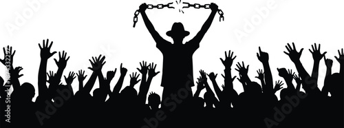 Silhouette of man breaking chains above cheering crowd, freedom liberation concept, revolution, human rights, social justice, unity, empowerment, protest movement illustration