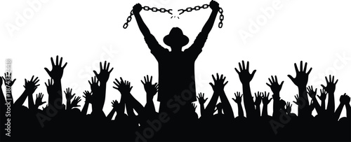 Silhouette of liberated man breaking chains before cheering crowd, symbol of freedom, revolution, hope, human rights, social justice, empowerment movement