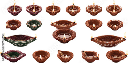 Traditional Diya Oil Lamp Collection for Diwali Festival Hindu Decoration Isolated on White Background Vector Illustration