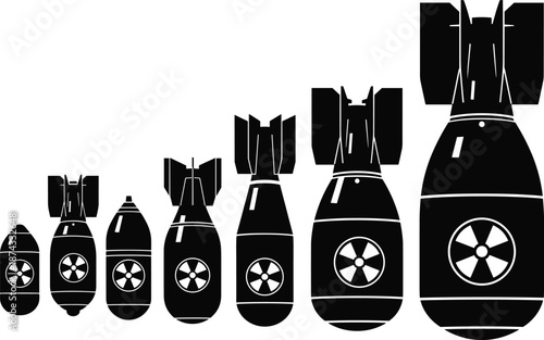 Silhouette sequence of nuclear bombs in increasing sizes, atomic weapon progression concept, radioactive danger, military power, war threat, global security vector illustration