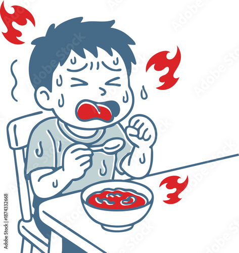 激辛料理を食べて口の中が燃えるように熱い男の子のイ