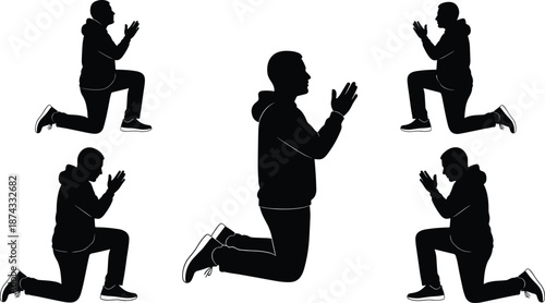 Silhouette set of kneeling praying man, spiritual devotion, faith concept, religious worship, meditation posture, hope, humility, isolated vector illustration, collection design elements