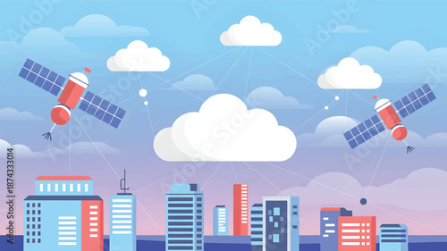Two satellites with solar panels orbiting above a city with connected buildings and clouds cityscape
