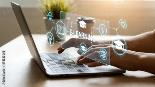 E learning concept on laptop with innovative education and technology, online course and digital learning, study with modern devices for future skills