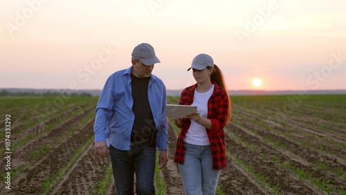 two farmers work field handshakemachinery road insurance wealth digital horizon slow pc cereal view garden labor sky worker inspect, corporate sunset, work tablet agriculture, hand sun farming farm