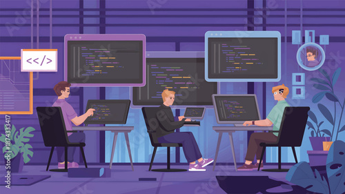 Three programmers working on laptops in a modern office with coding screens and purple lighting design