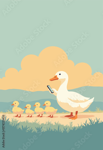 A Mother Duck followed by ducklings all looking at smartphones. 'Modern Family'. Satire vector