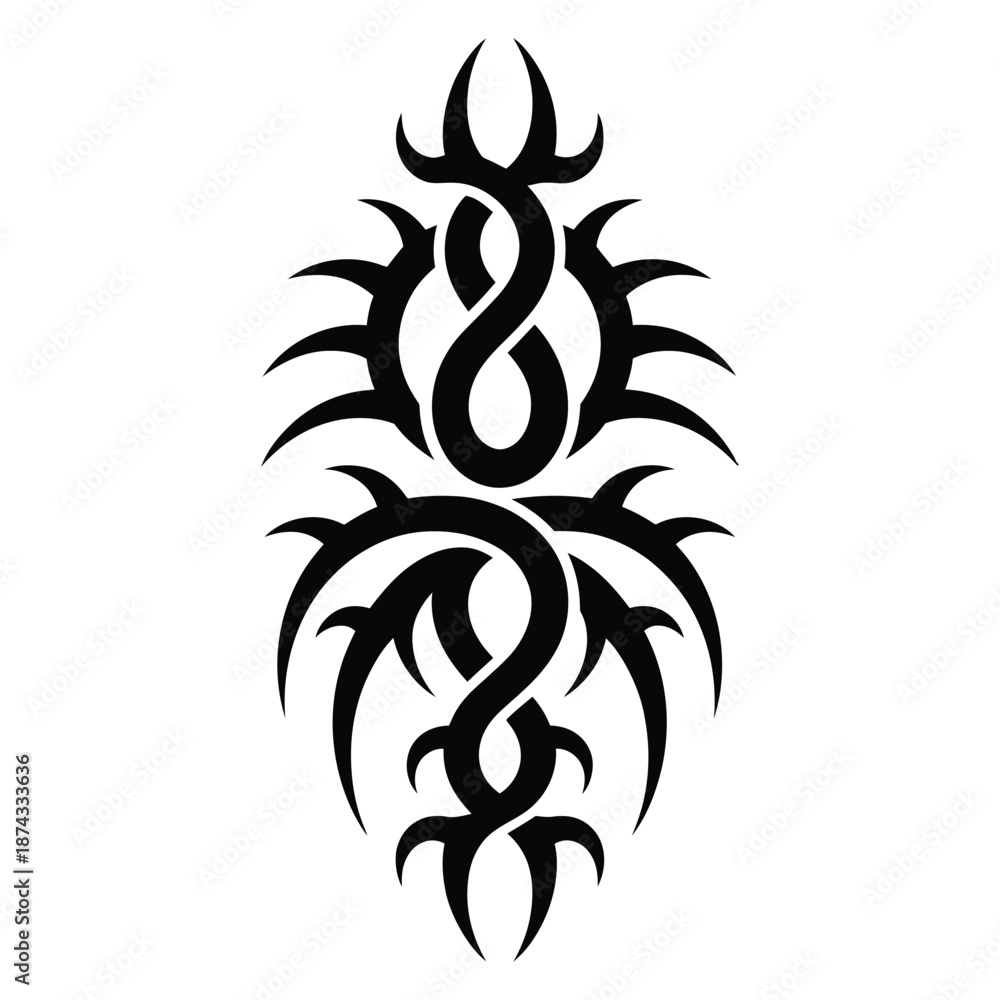 Fototapeta premium Ornate Tribal Tattoo Design with Intricate Patterns and Sharp Spikes Abstract Body Art Decoration in Black Ink on White Backdrop Unique