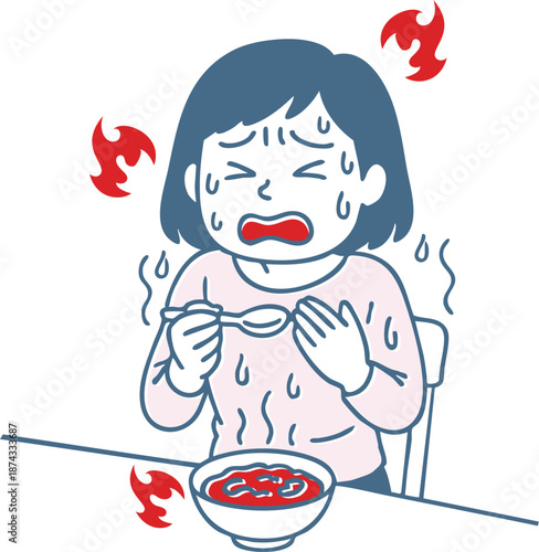 激辛料理を食べて悶絶する女性のイラスト