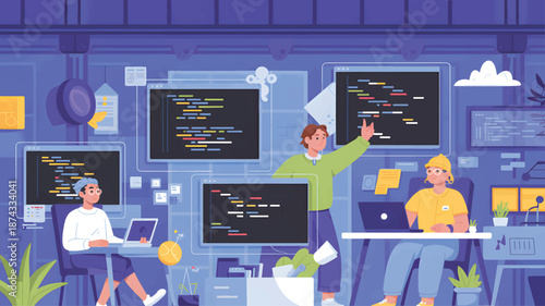 A group of programmers working together in an office with multiple computer screens displaying code design