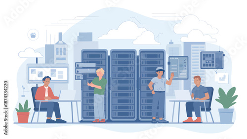 Four people working in a server room with computers and servers office