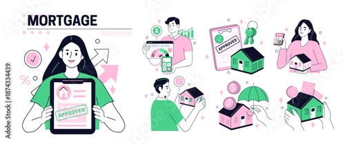 Mortgage approval, loan, financing set. Characters showing credit score, home insurance.  Real estate concept. Vector illustration.
