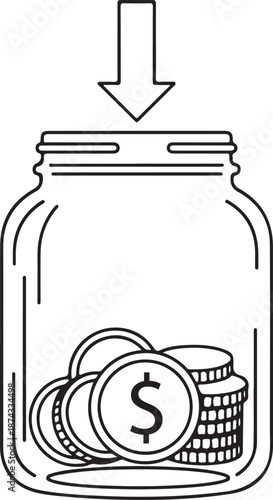 Jar with coins and arrow pointing down representing money savings concept icon illustration in minimalist linear style