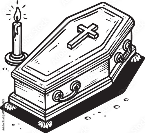 Coffin with cross and candle illustration