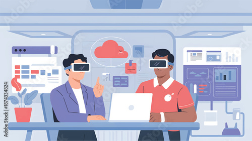 Two people wearing VR headsets are discussing data in a futuristic office with a cloud VR headset design