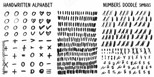 Handwritten letters numbers and symbols doodle collection on a white background