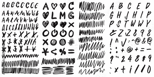 A chaotic collection of handwritten letters symbols and scribbles on a white background