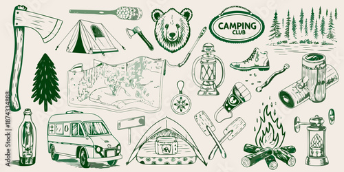 A vintage camping collection featuring tools nature and adventure elements