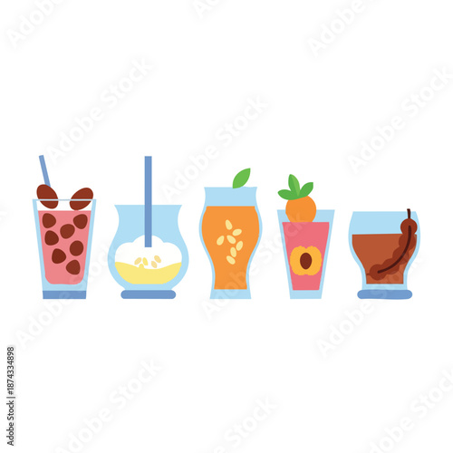 Flat lay illustration of five colorful drinks with various ingredients on a clean white background for Ramadan or iftar celebration concepts.