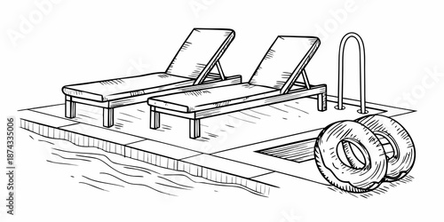 Sketch of poolside lounge chairs a ladder and a life preserver ring