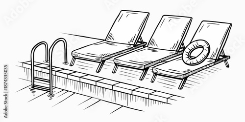 Sketch of poolside lounge chairs a ladder and a floating ring