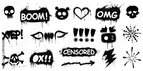 Collection of grunge style stickers including skulls hearts and text expressions