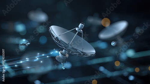 Futuristic Satellite Dishes in Space with Data Streams, Concept of Communication Technology and Information Transfer in a Digital World