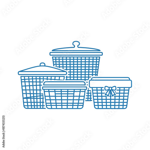 Set of Wicker Baskets with Lids and Bow, Outline Illustration