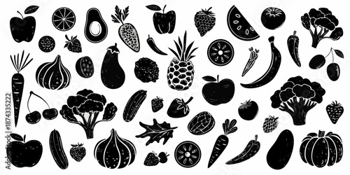 A collection of various fruits and vegetables in a black and white design
