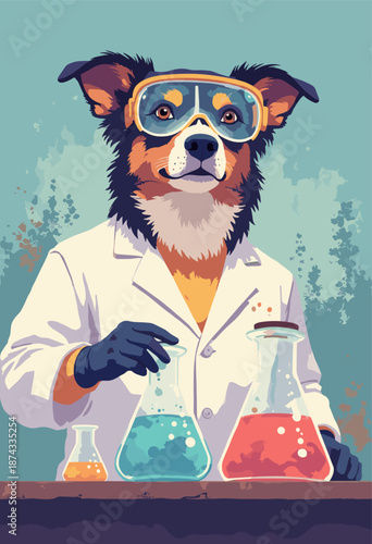 A Dog wearing safety goggles mixing chemicals in a beaker. 'Mad Scientist'. Flat vector