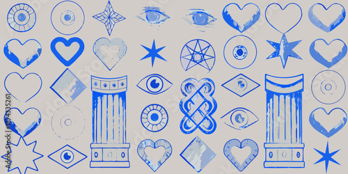 A collection of blue sketched symbols including eyes hearts and geometric shapes