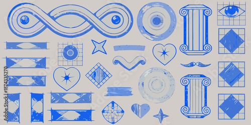 A collection of blue line drawings featuring geometric shapes and various icons