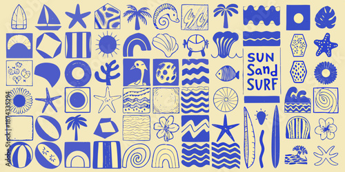 A collection of blue line art icons depicting summer and beach elements