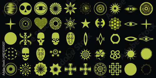 A vibrant collection of abstract glowing green symbols and shapes on black