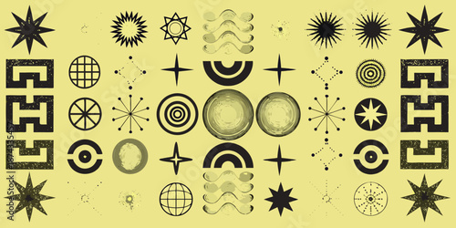 An assortment of abstract geometric shapes and patterns in yellow tones