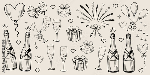 Celebration doodles champagne gifts balloons and fireworks sketch illustration