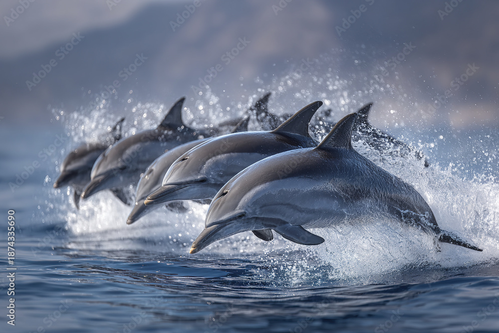 Obraz premium Group of dolphins jumping together in perfect timing over ocean surface with splashing water, showing dynamic movement and natural marine life beauty