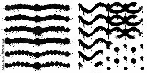 Abstract black spray paint strokes and drips in a scattered arrangement